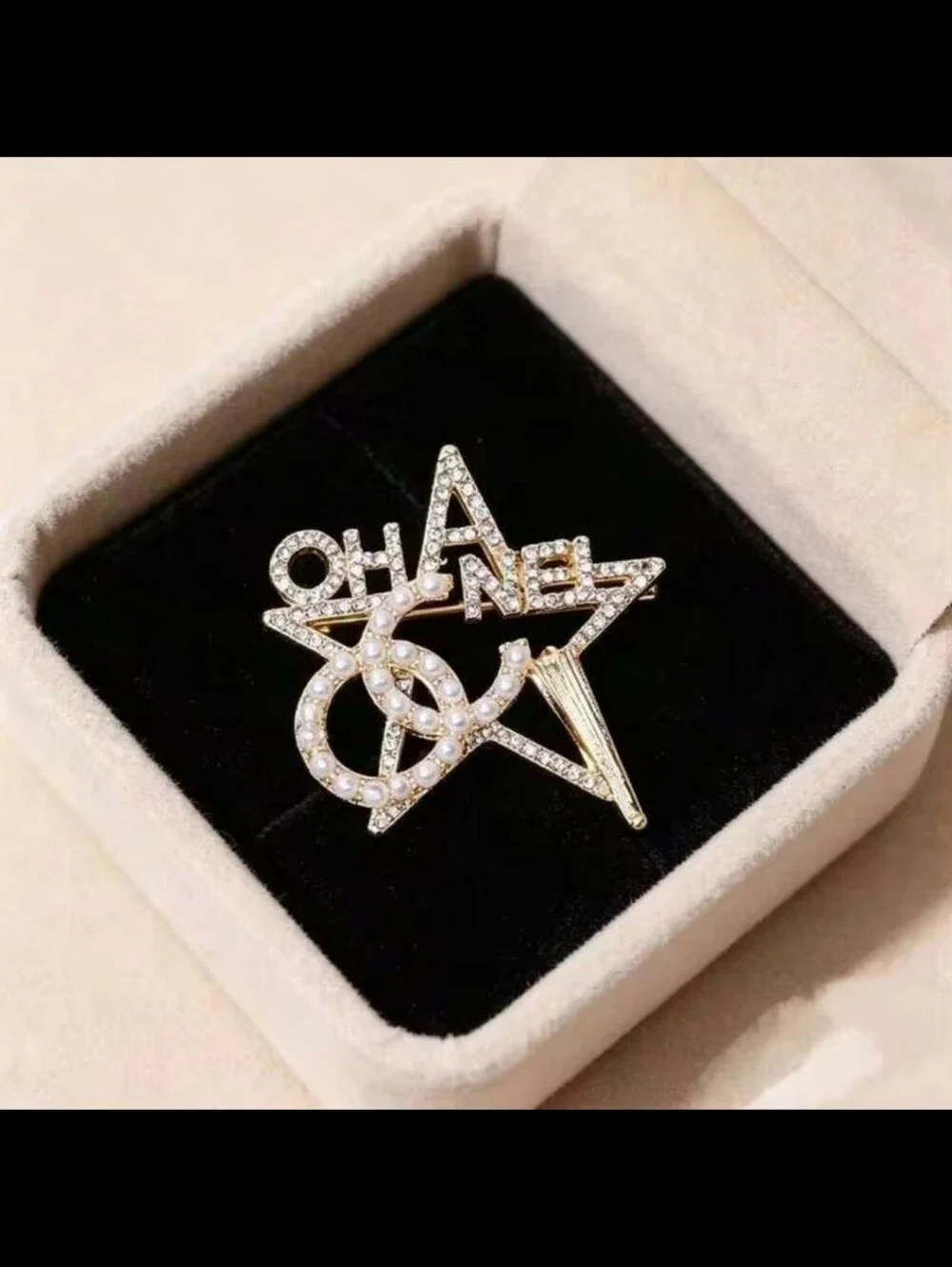 Gold-Tone Star Brooch with Pearl CC Accents